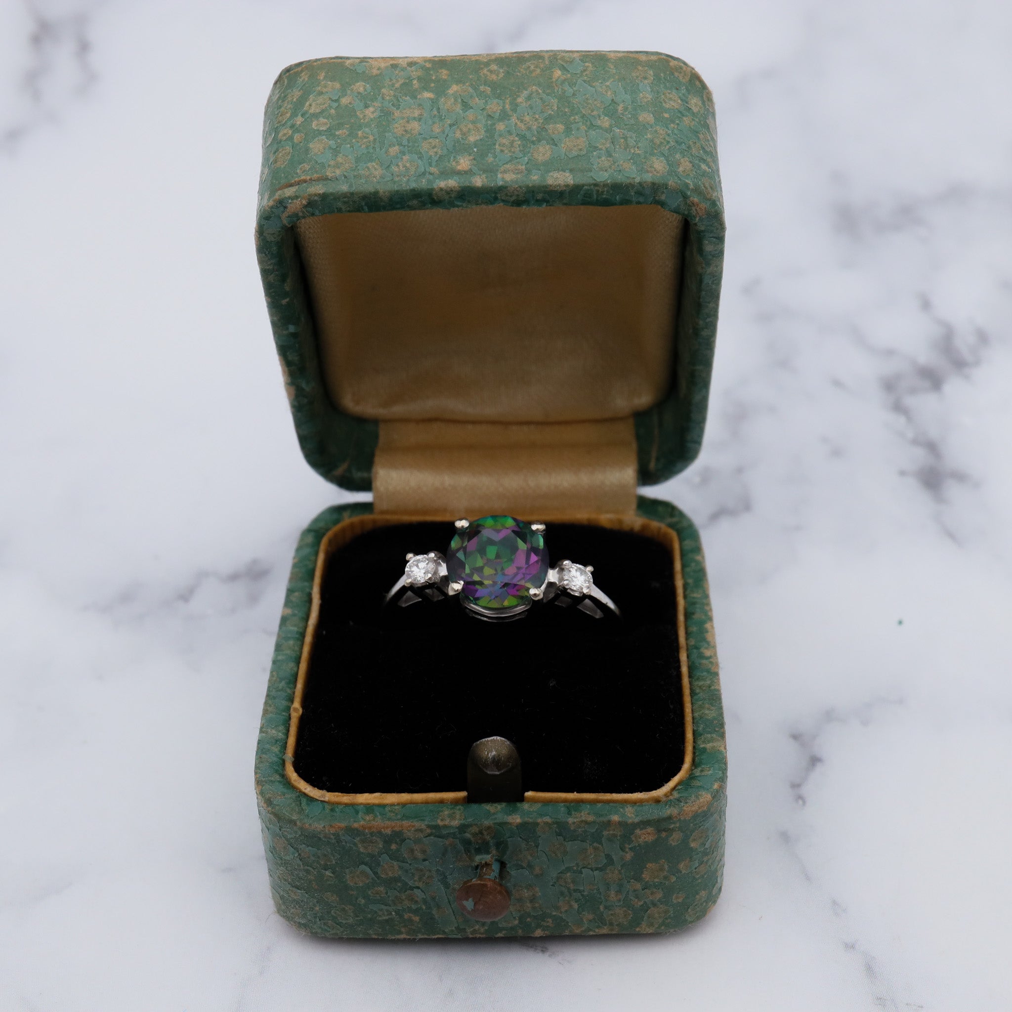 Vintage 14k white gold, mystic topaz & diamond ring, sz 7.75